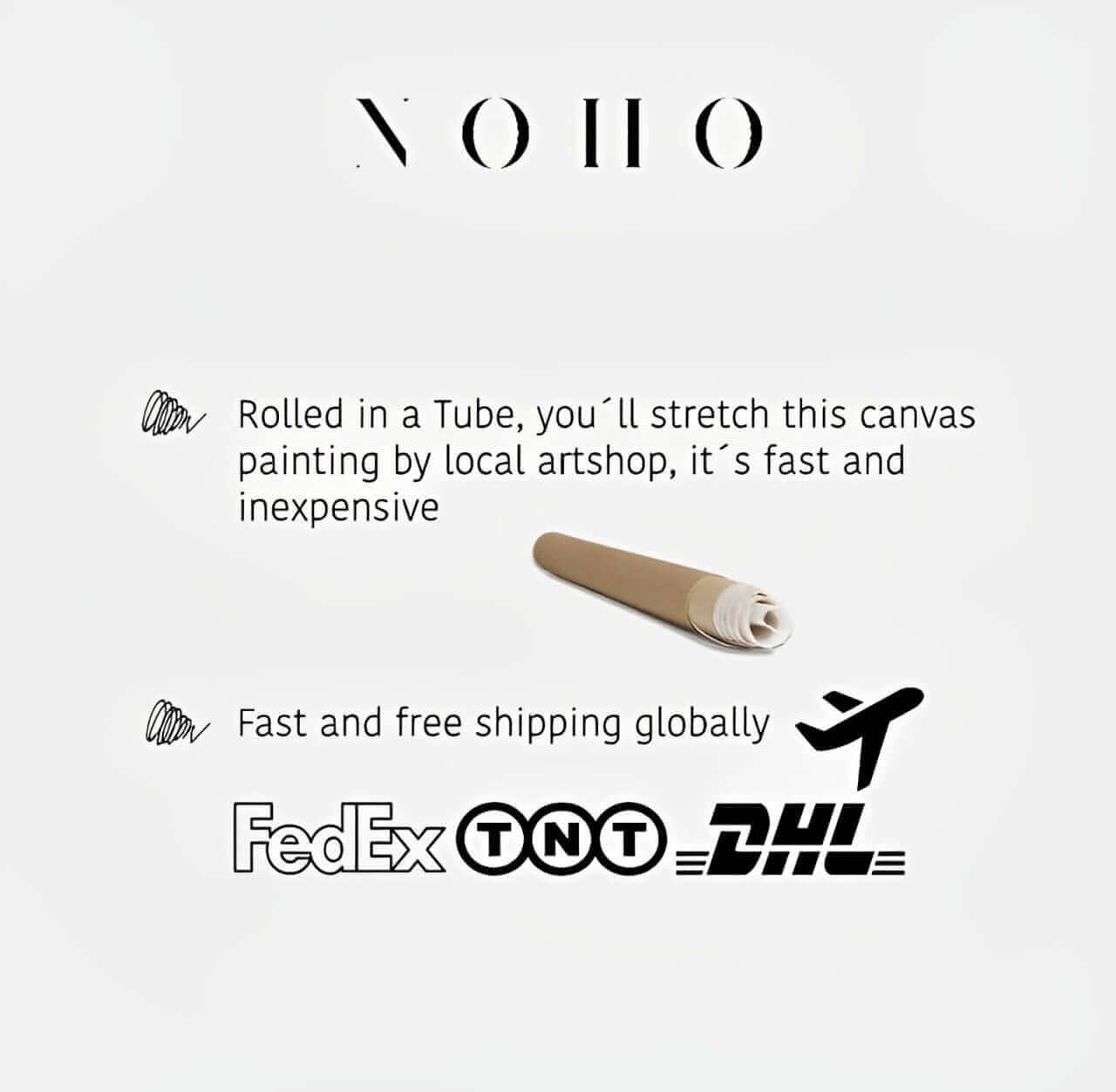 Canvas painting rolled in a tube with shipping information on a white background