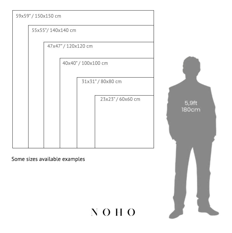 Size chart with dimensions and a silhouette of a person for scale, featuring the brand 'NOHO'.