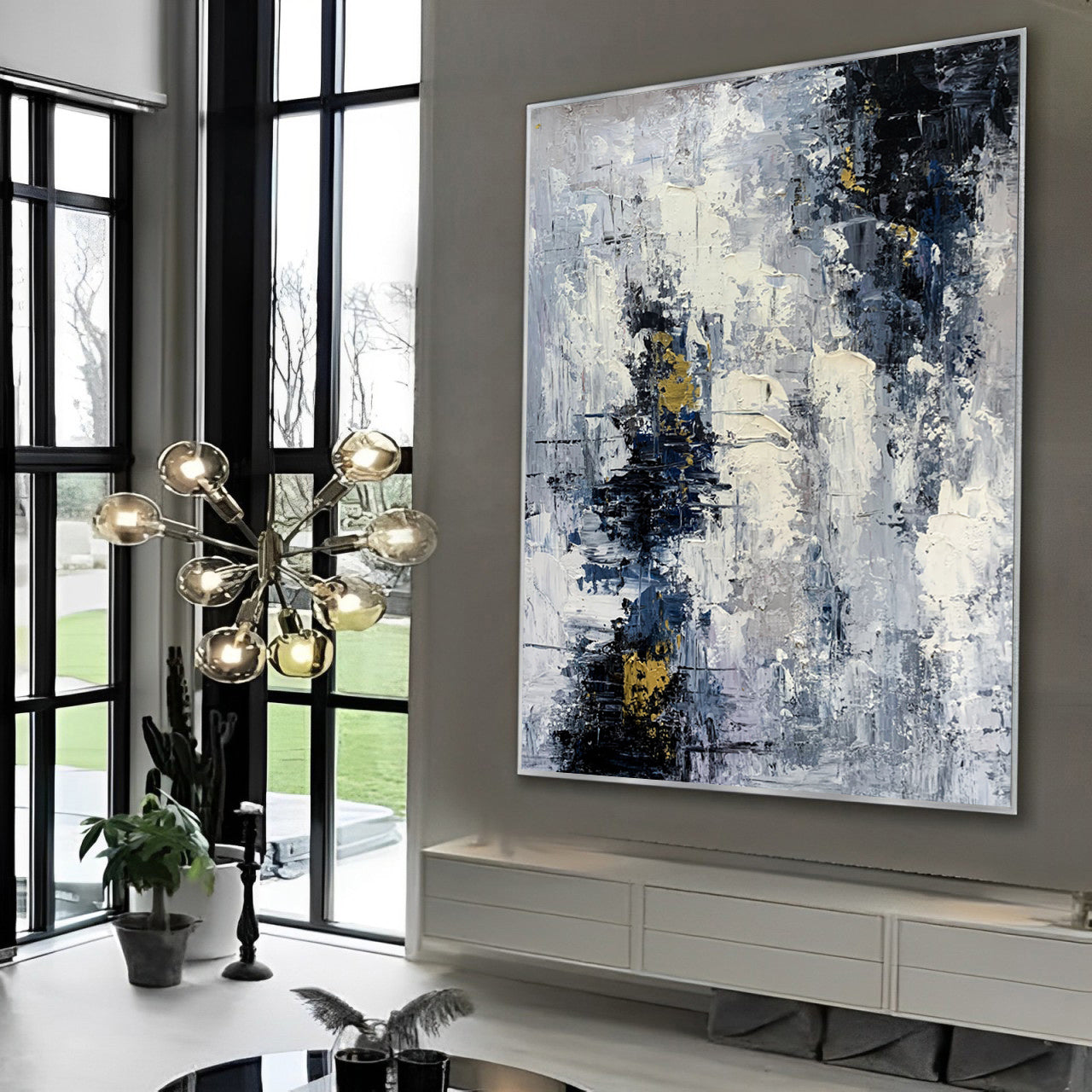 Modish - Extra Large Dark Blue and White Painting on Canvas