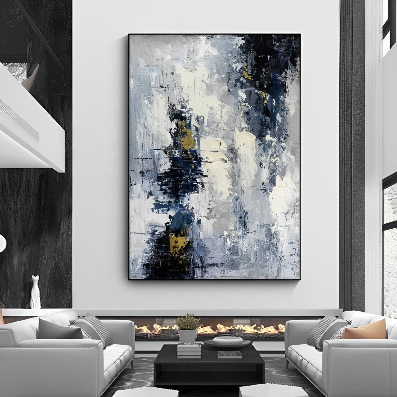 Modish - Extra Large Dark Blue and White Painting on Canvas