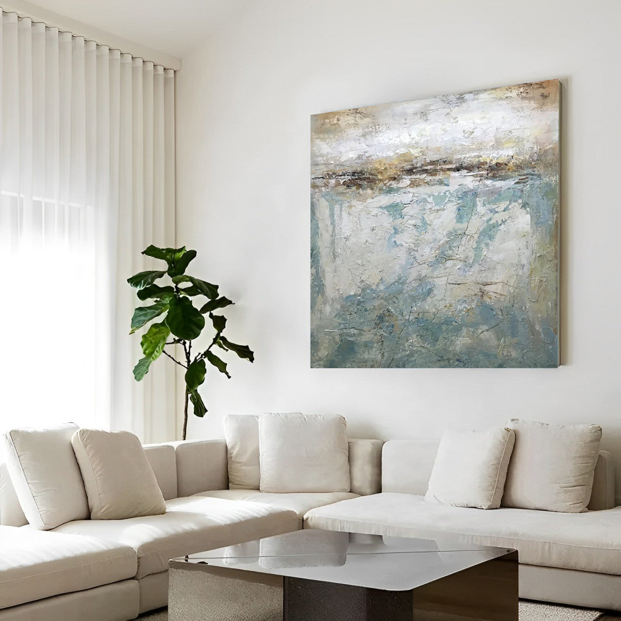 Au courant - Modern Large Abstract Blue Grey Painting on Canvas