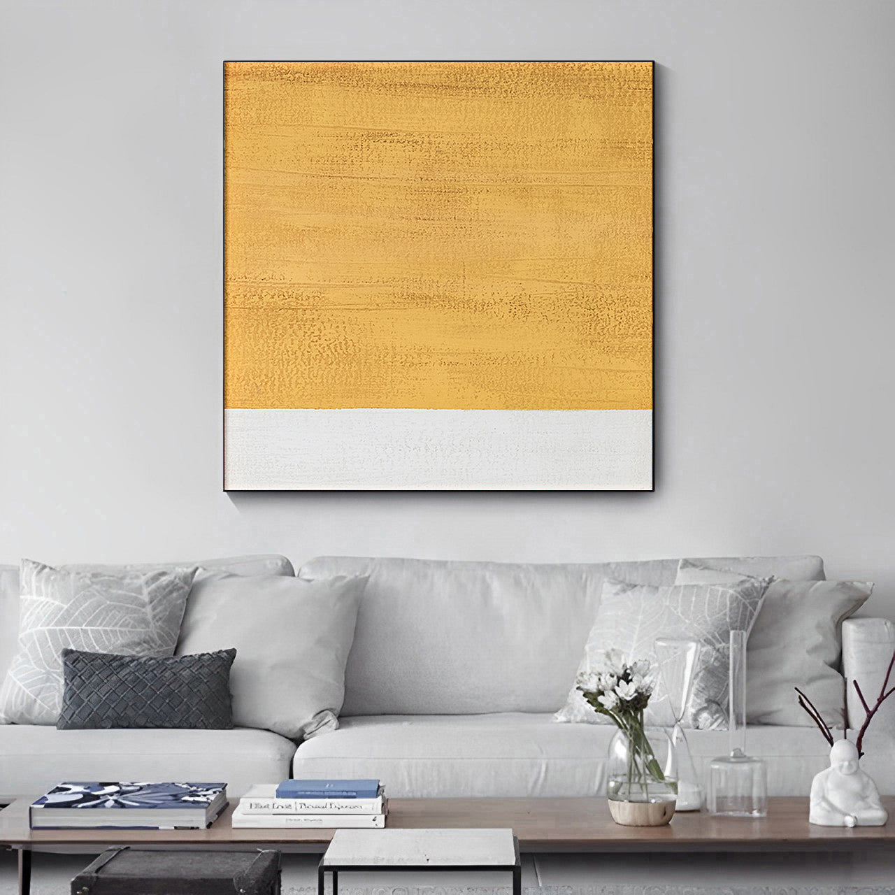 Jaune - Peinture abstraite moderne blanche et jaune sur toile