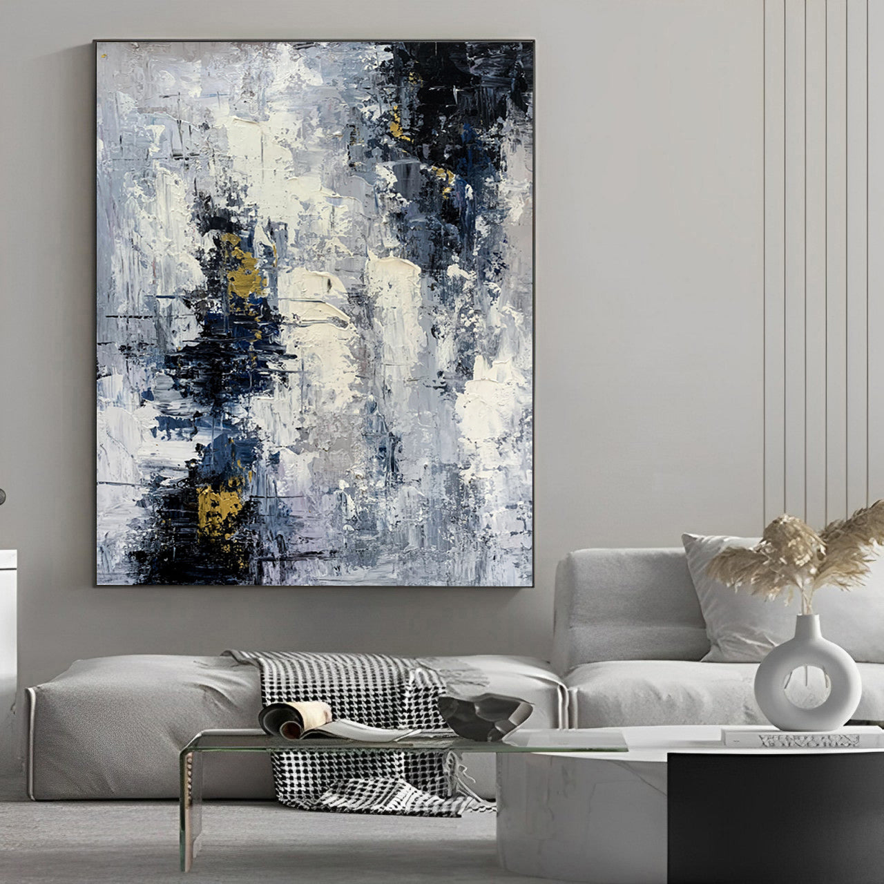 Modish - Extra Large Dark Blue and White Painting on Canvas