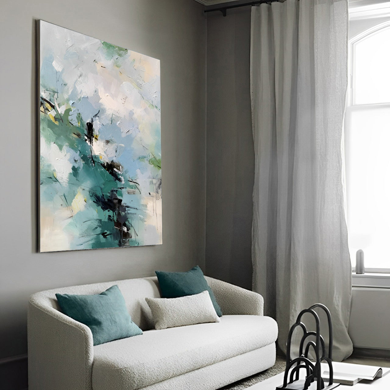 Inspire - Large White, Blue and Green Abstract Painting on Canvas