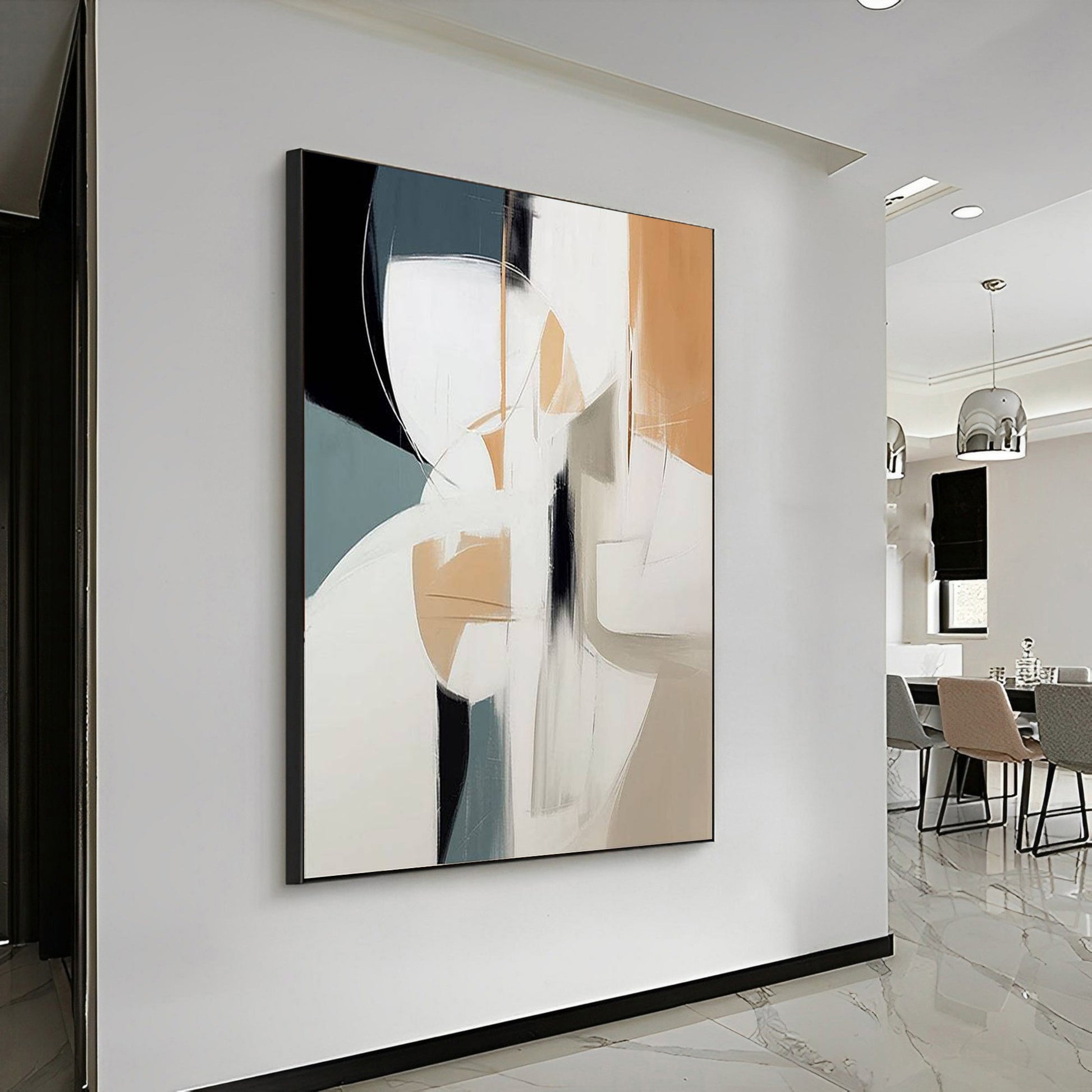 Abstract art painting on a wall in a modern interior setting