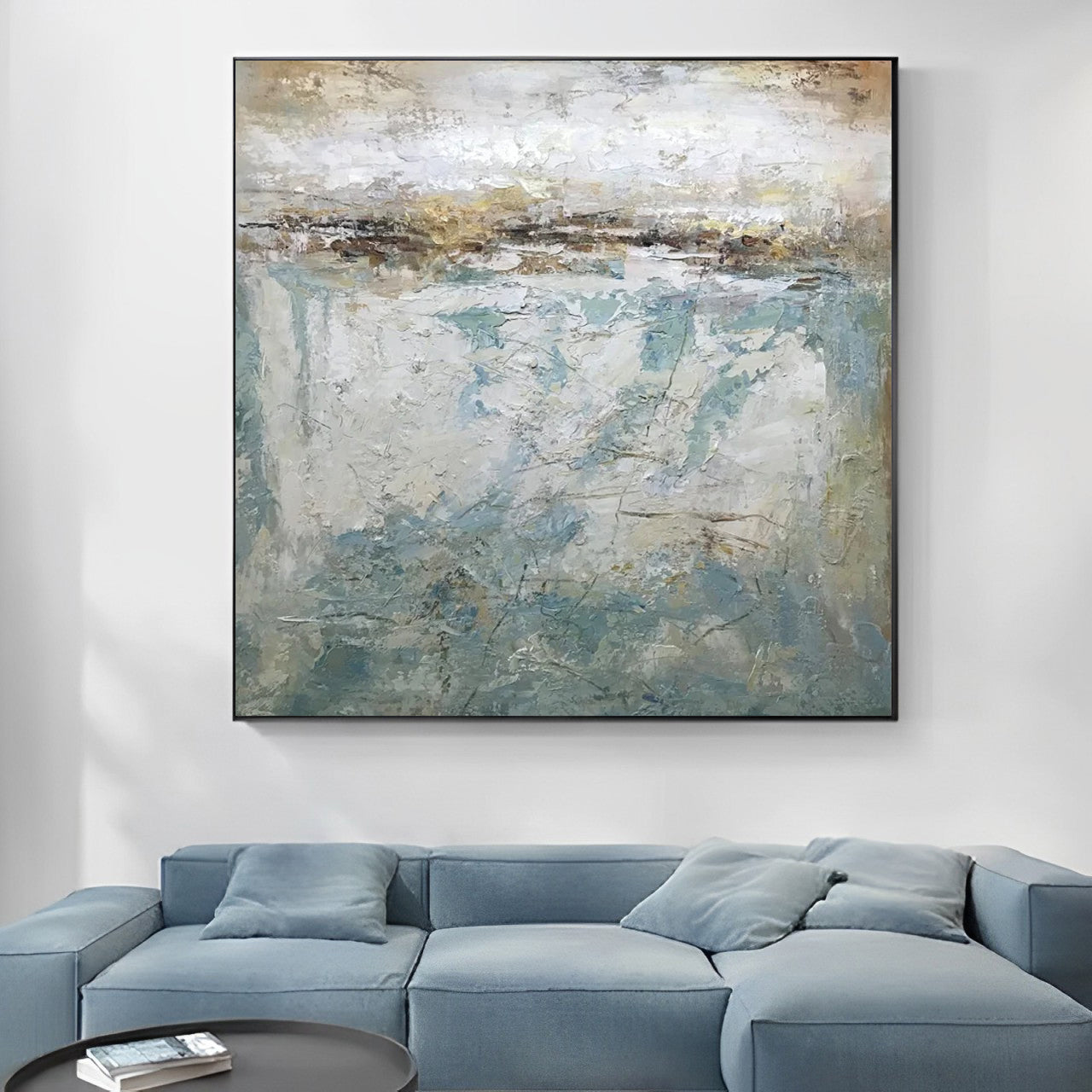 Au courant - Modern Large Abstract Blue Grey Painting on Canvas