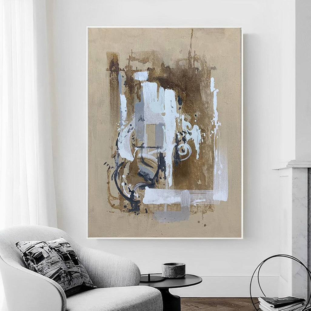 Mousy - Grande peinture abstraite contemporaine marron sur toile