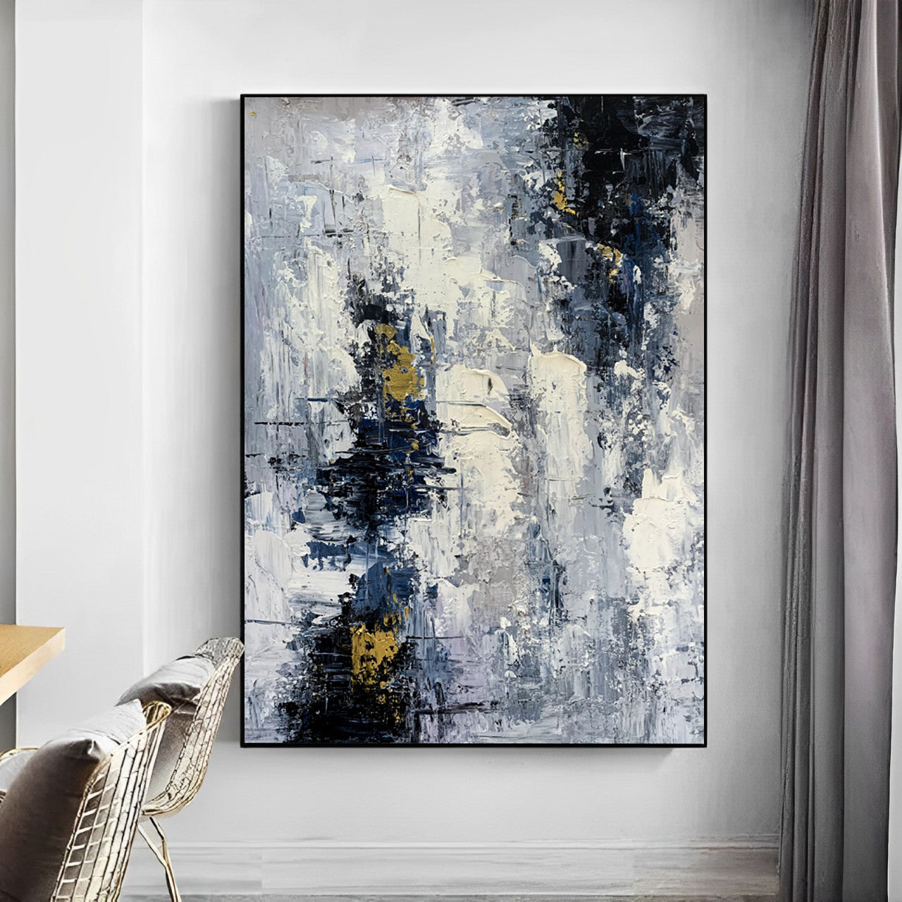 Modish - Extra Large Dark Blue and White Painting on Canvas