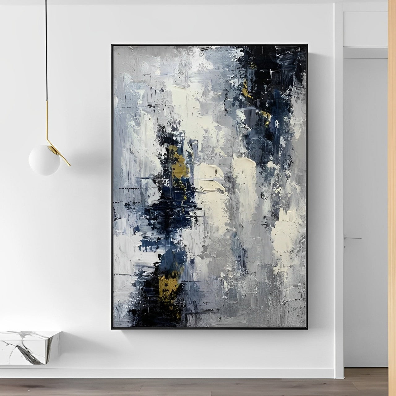 Modish - Peinture sur toile extra large bleu foncé et blanc