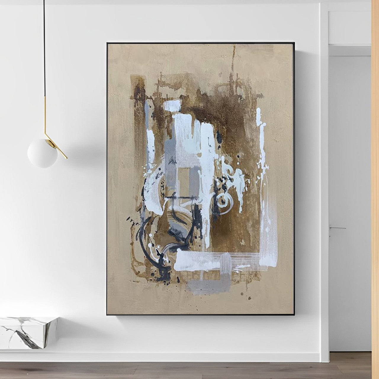 Mousy - Grande peinture abstraite contemporaine marron sur toile