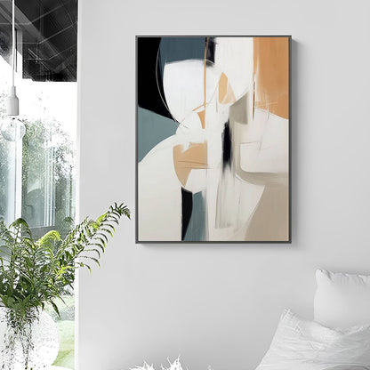 Abstract art painting on a wall with a plant and window in the foreground