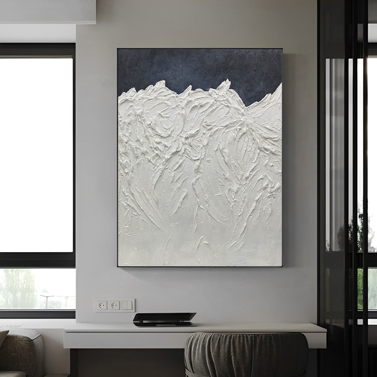 Slush - Peinture 3D sur toile extra large en noir et blanc représentant une montagne 