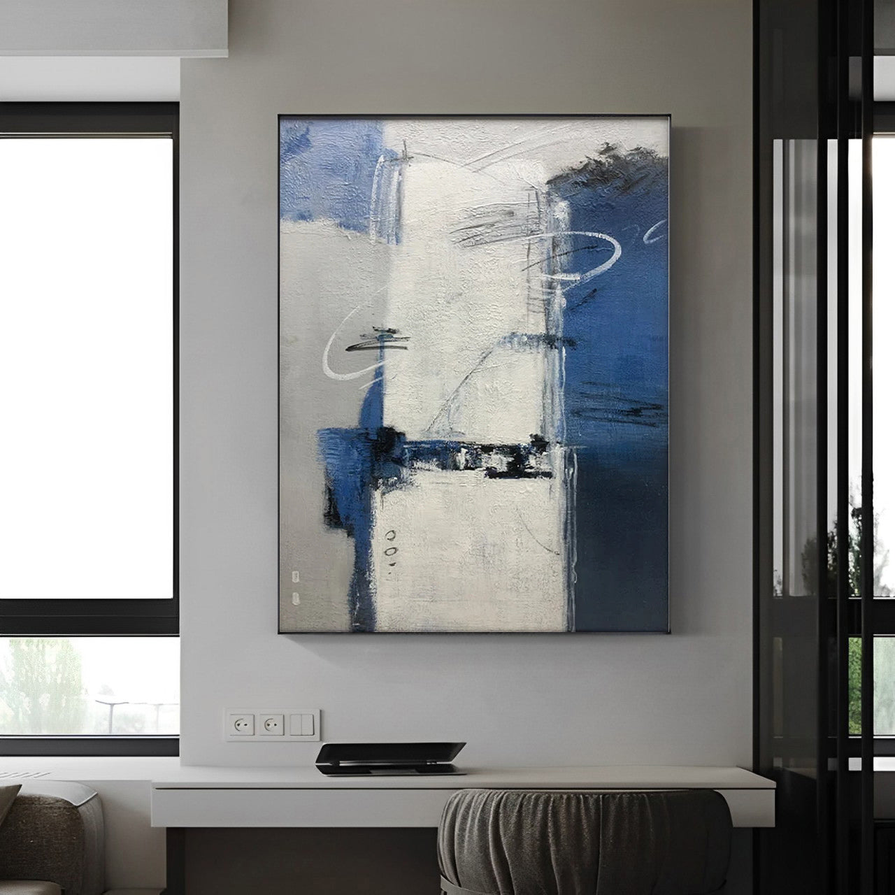Compeer - Extra Large Abstract White Blue Grey Painting on Canvas