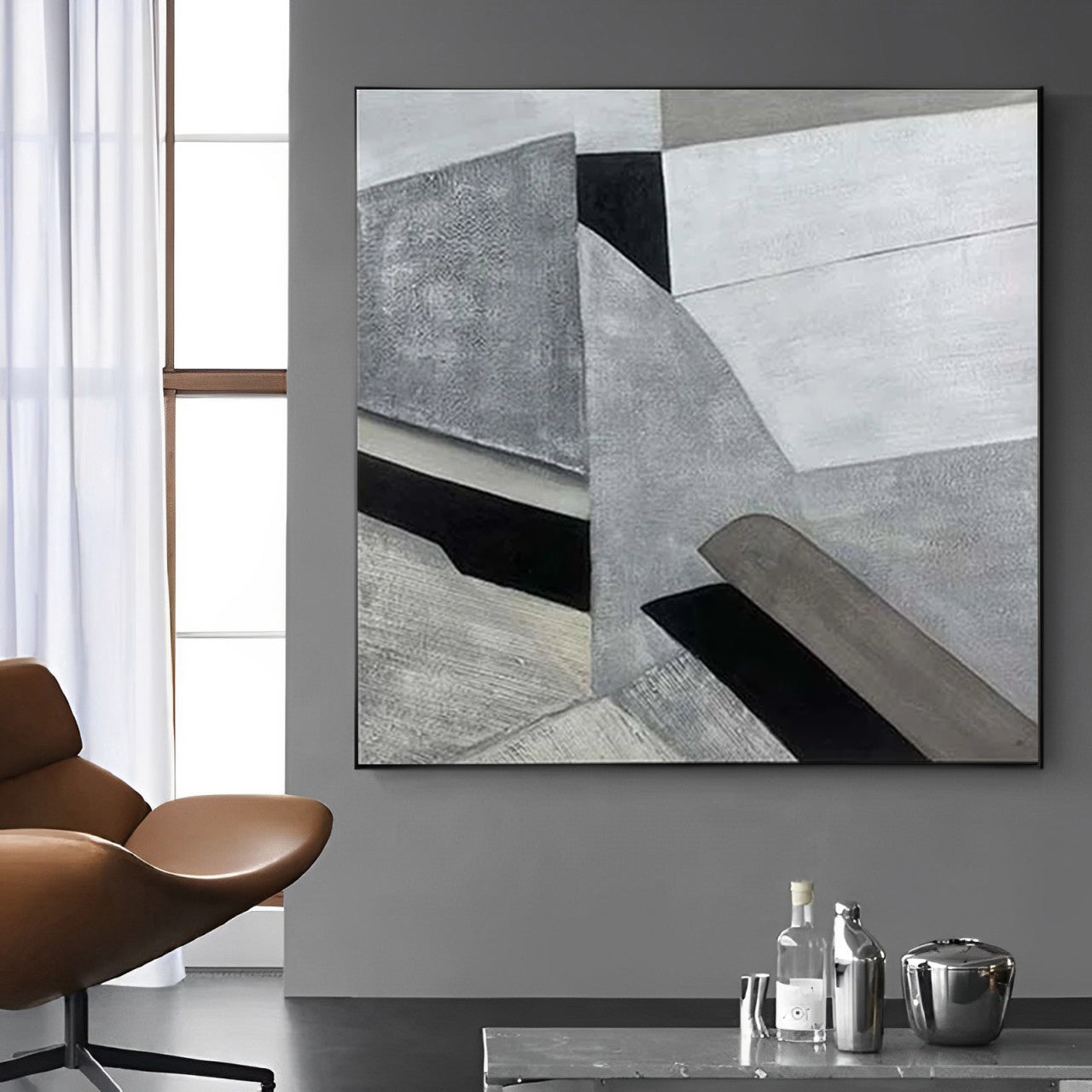 Contour - Modern Grey Abstract Geometric Painting on Canvas