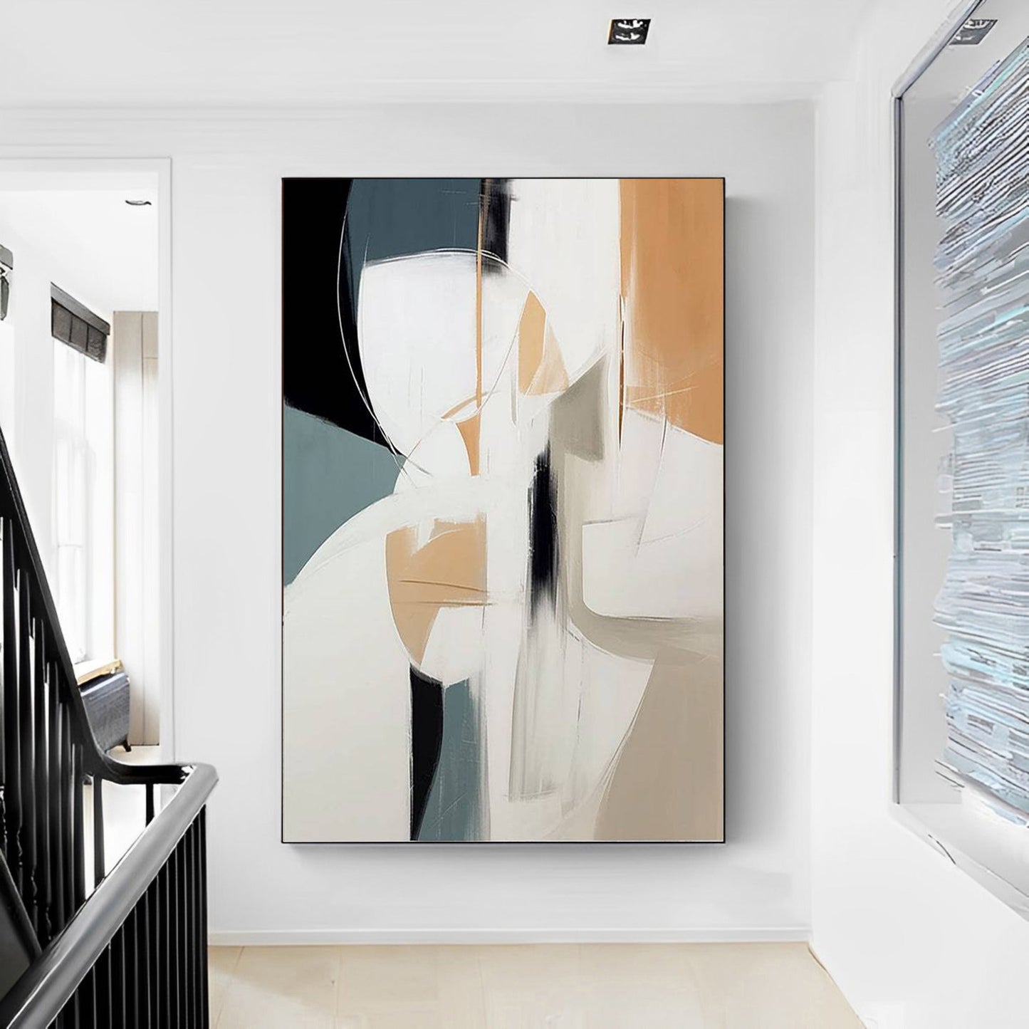 Abstract art painting on a wall in a modern interior setting