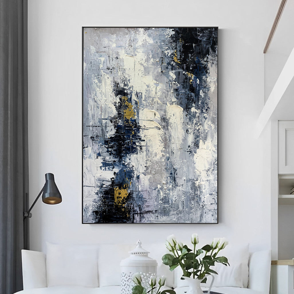 Modish - Extra Large Dark Blue and White Painting on Canvas