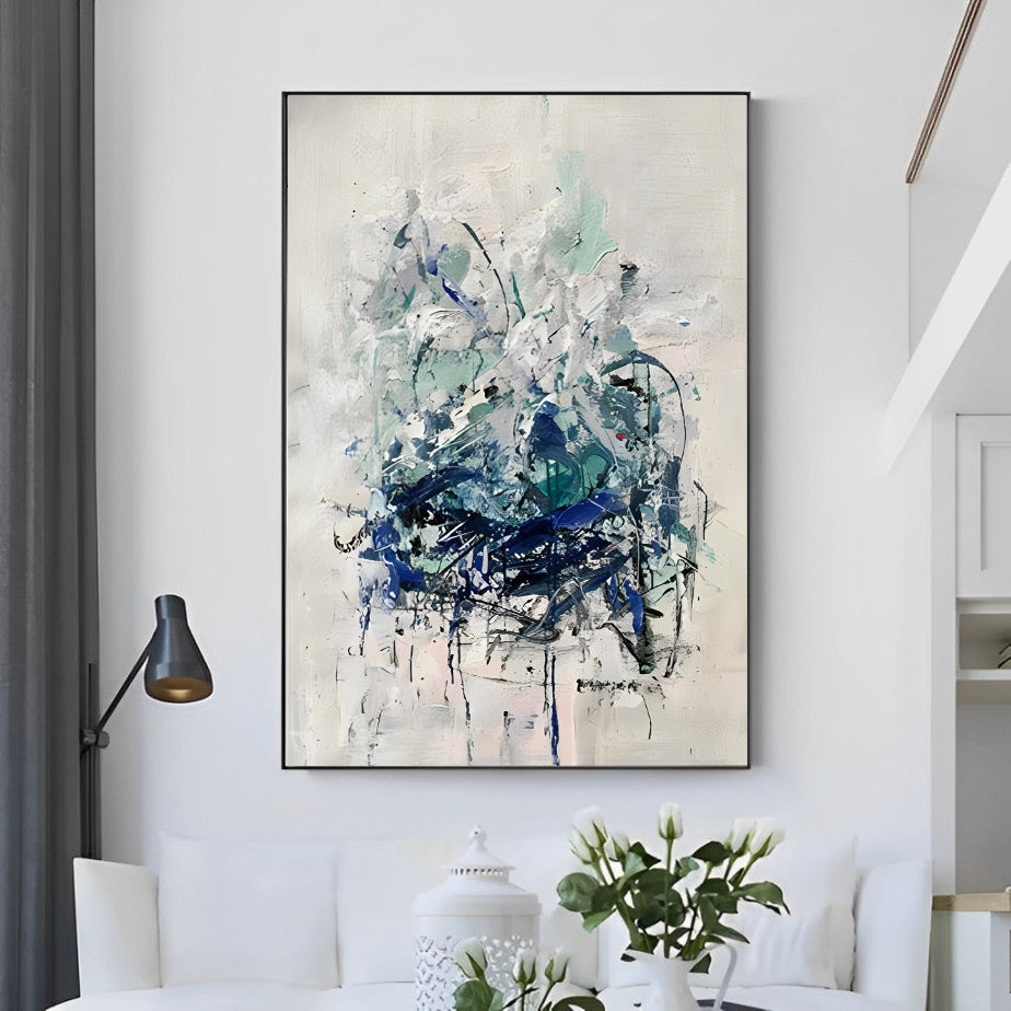 Coexistent - Large Blue and White Textured Acrylic Painting on Canvas