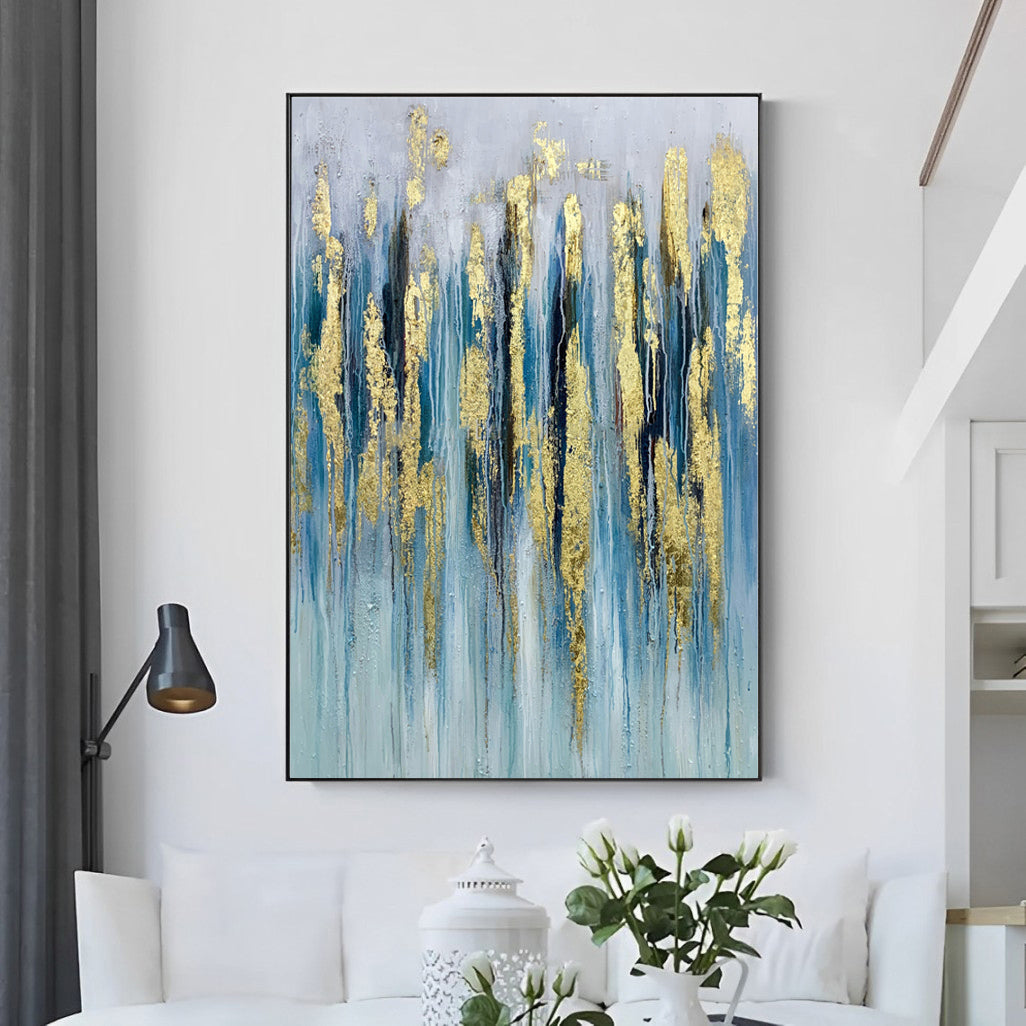 Resplendent - Extra large Blue Abstract Painting with Gold Leaf