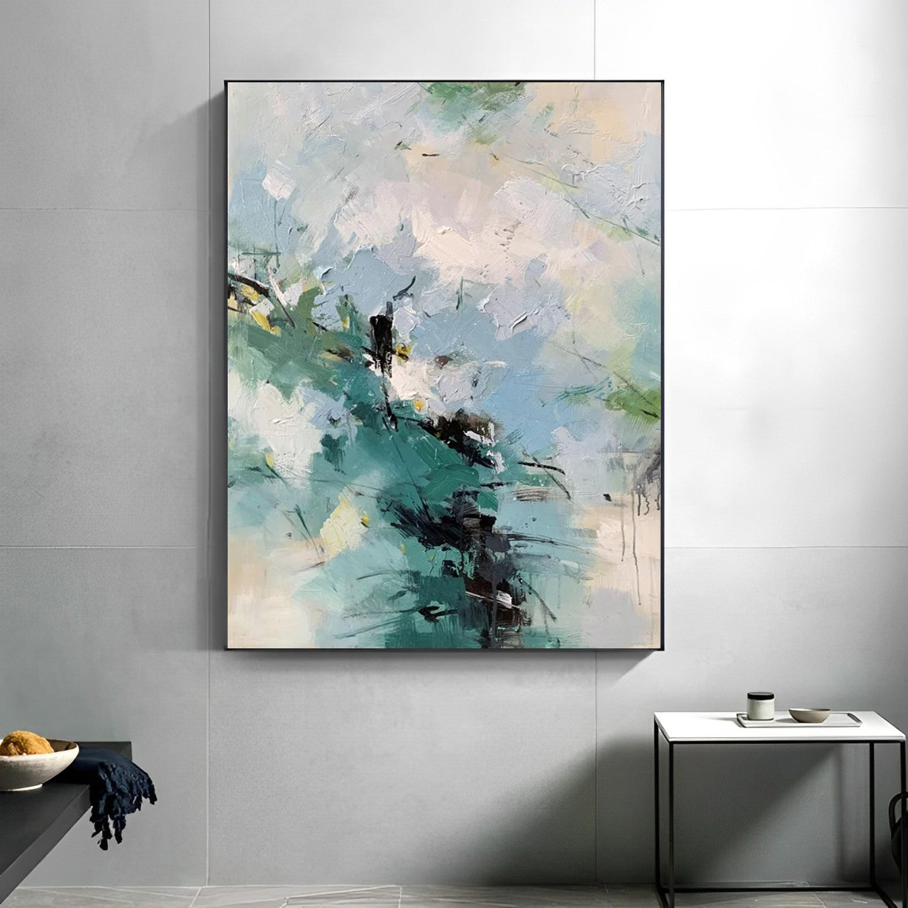 Inspire - Large White, Blue and Green Abstract Painting on Canvas