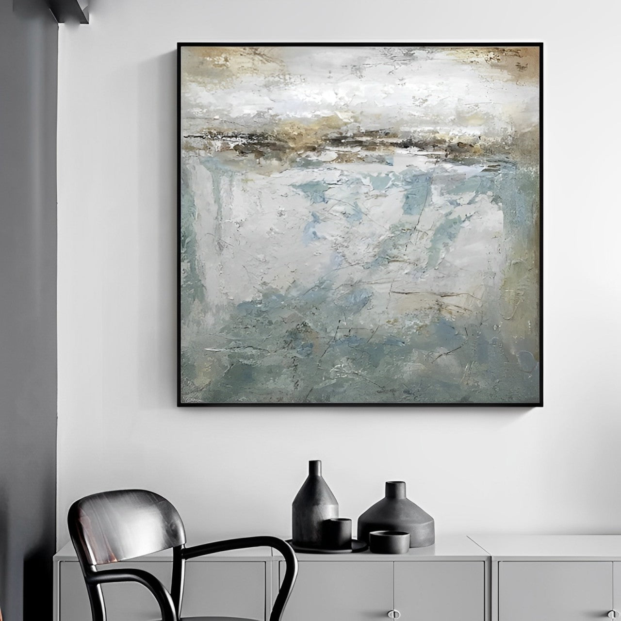 Au courant - Modern Large Abstract Blue Grey Painting on Canvas