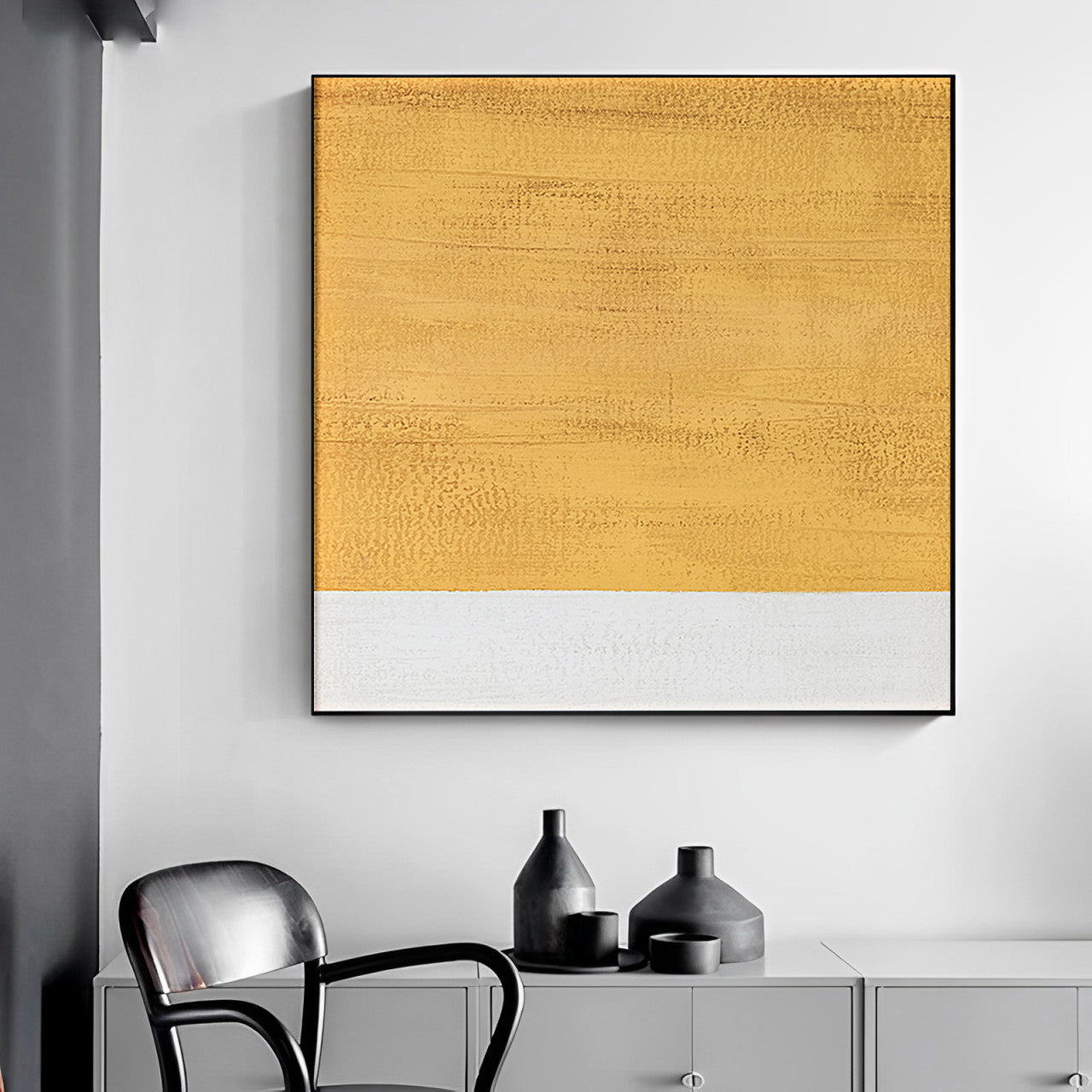 Jaune - Peinture abstraite moderne blanche et jaune sur toile