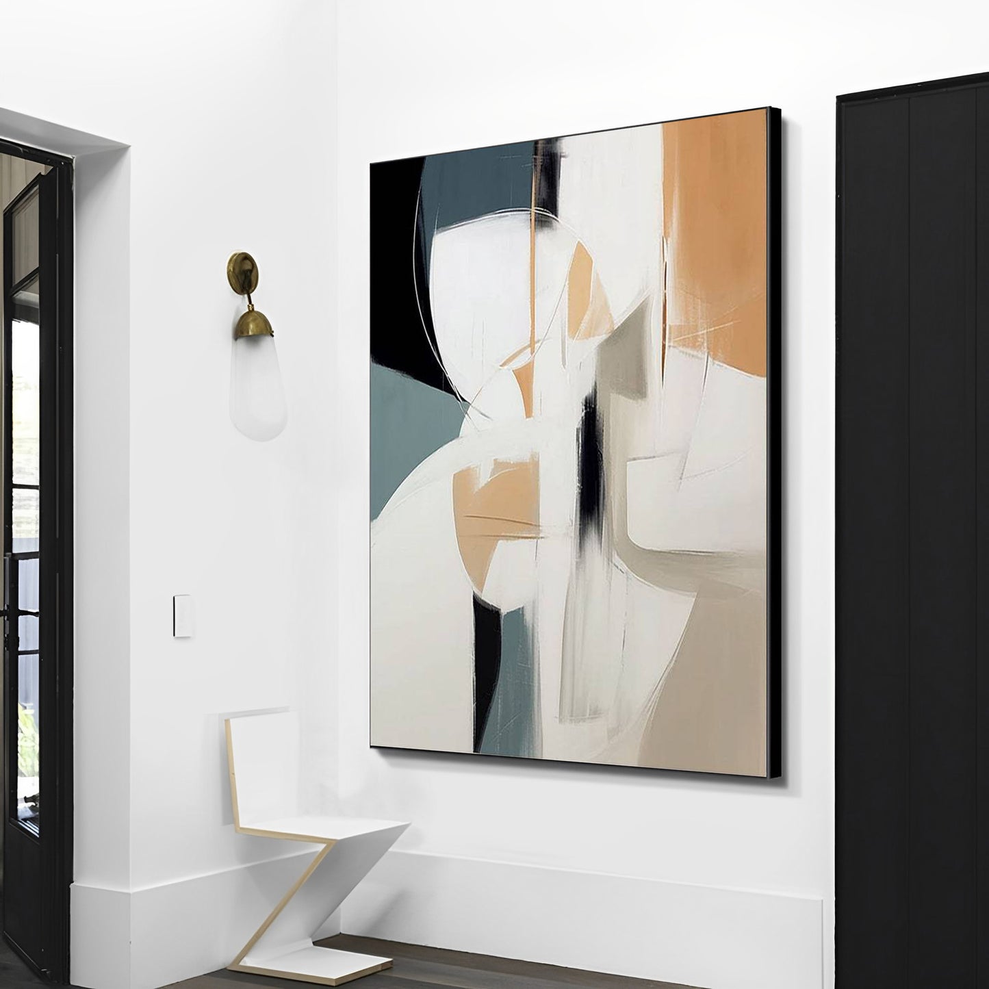 Abstract art painting on a white wall in a modern interior setting