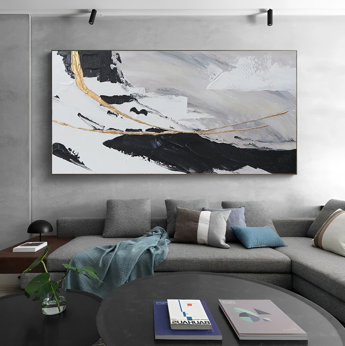 Concurrent - Extra large Black White Gold Wall Art Painting on Canvas