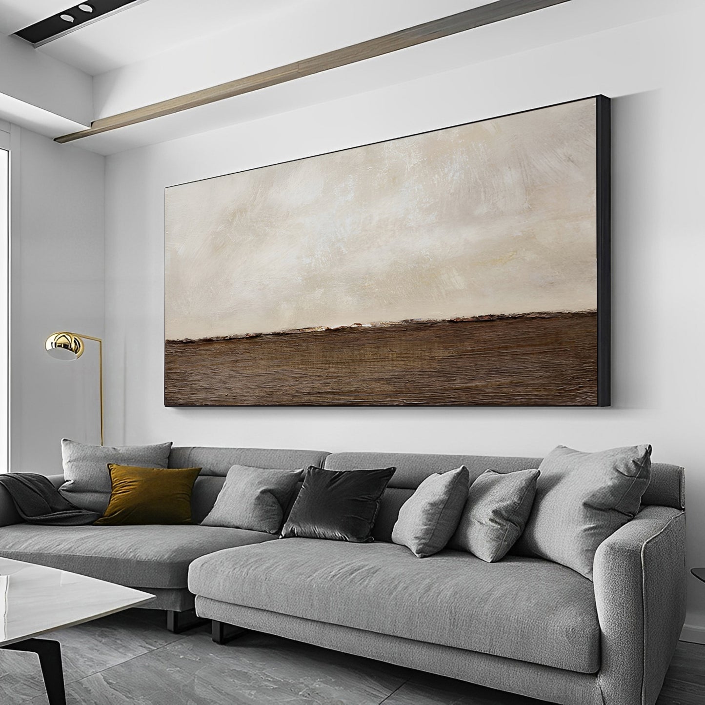 Bueme - Grande peinture abstraite beige et marron sur toile