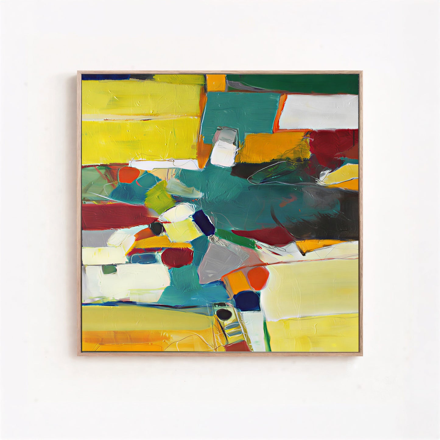 Abstract artwork with colorful geometric shapes on a white background