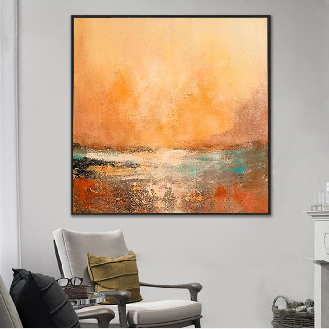 Sunny - Large Green and Orange Sunset Painting on Canvas