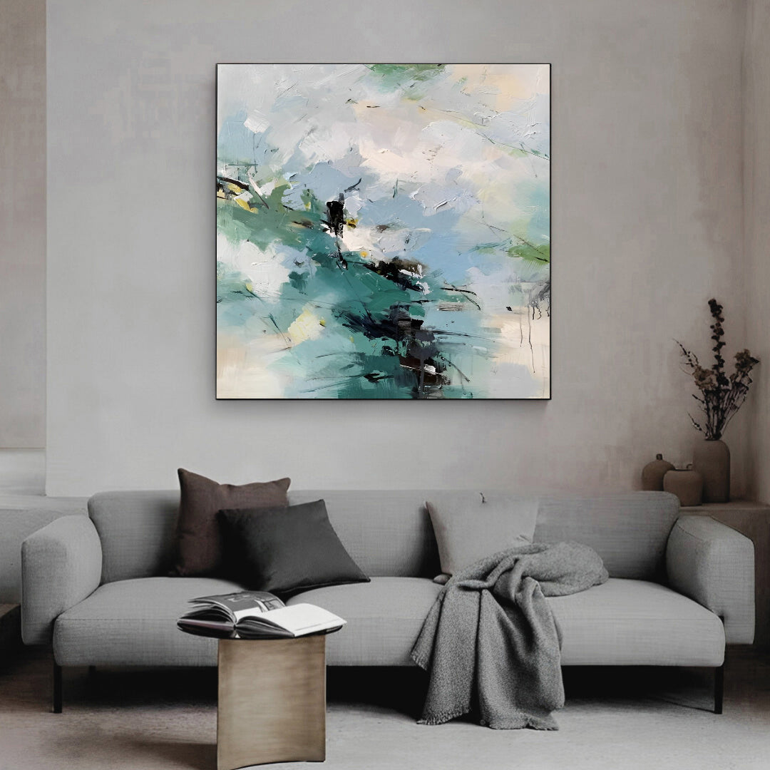 Inspire - Large White, Blue and Green Abstract Painting on Canvas