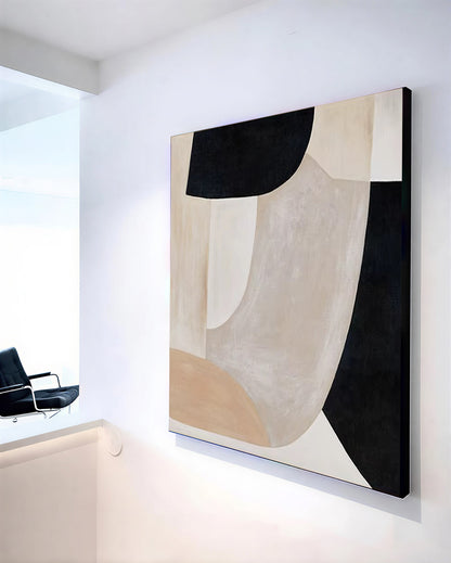 Original Abstract Painting in Neutral Tones shapes on a white wall.