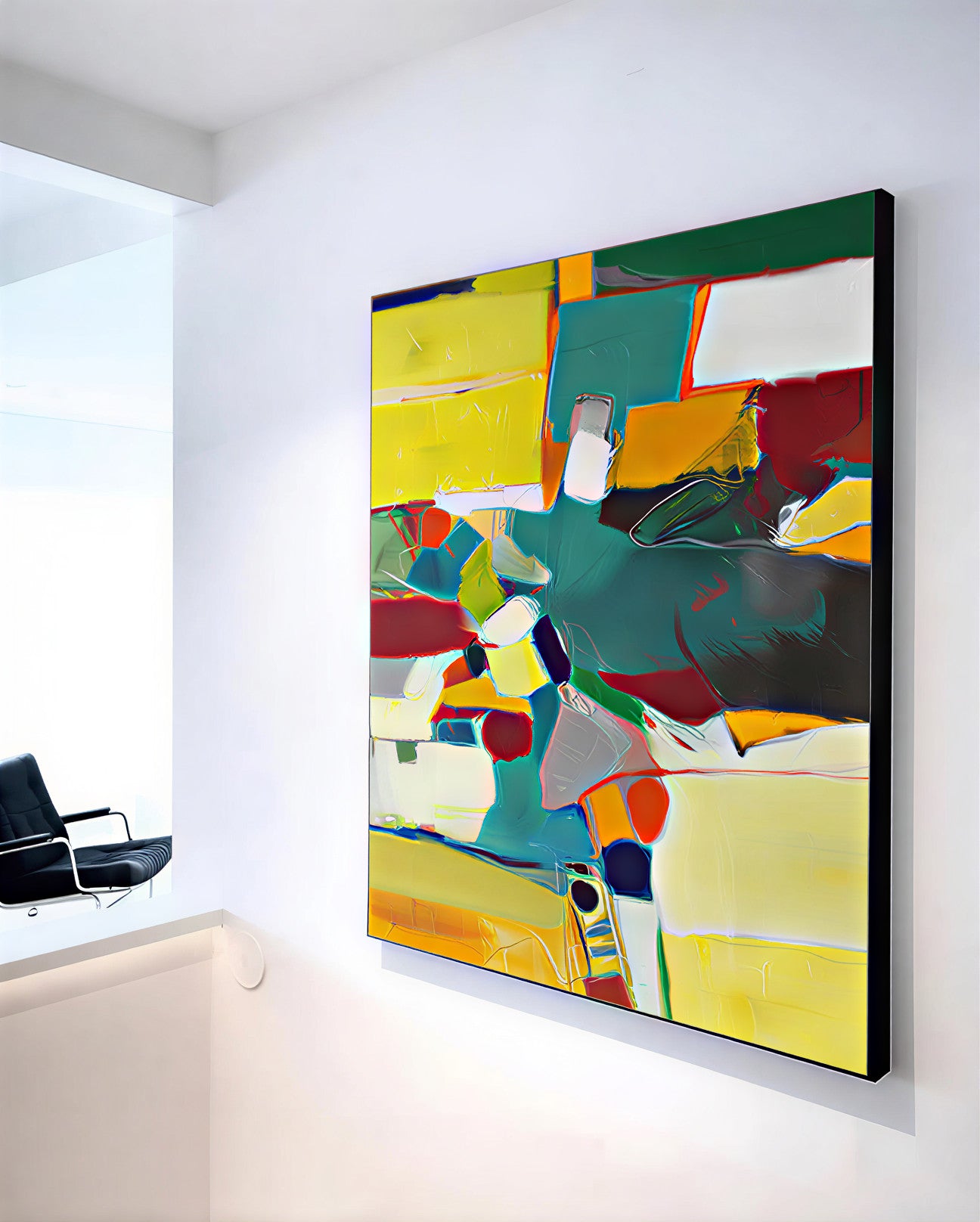 Abstract colorful painting on a white wall with a modern chair.