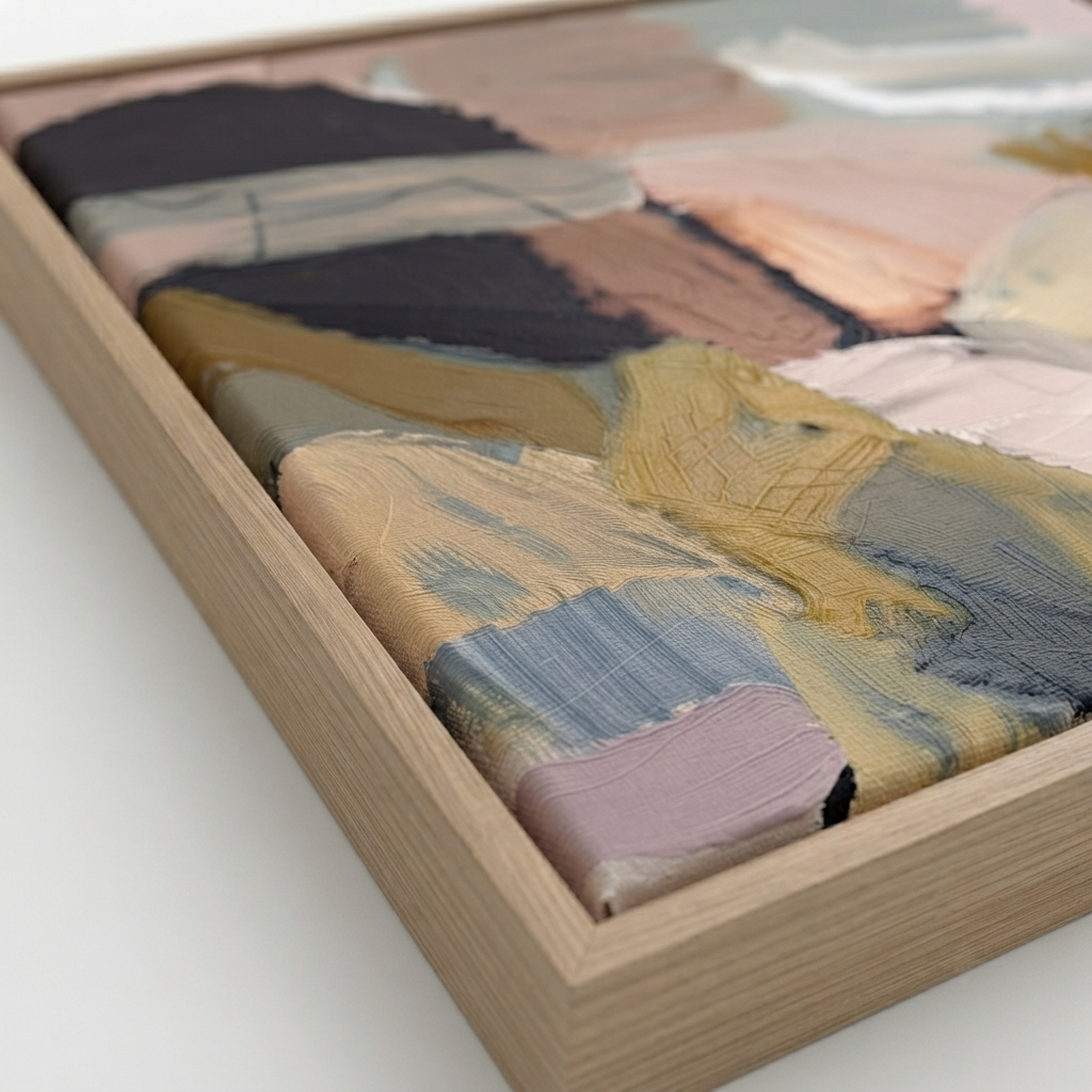 Framed original abstract oil painting, large textured abstract canvas art, statement abstract art for home decor, abstract expressionism for sale by Noho Art Gallery with thick textured brushstrokes in beige, blue, yellow, pink, and charcoal tones, shown at an angle inside a light wood frame on a white surface.