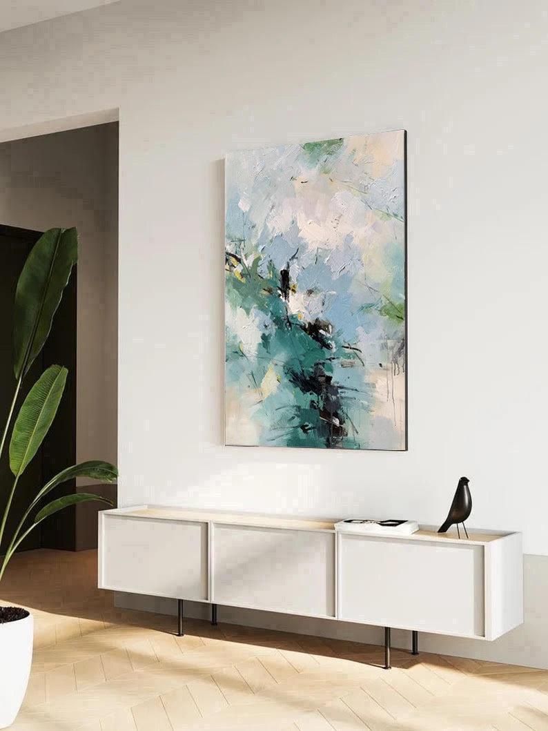 Inspire - Large White, Blue and Green Abstract Painting on Canvas