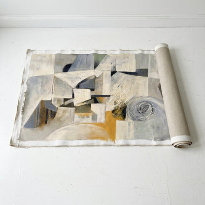 
Abstract canvas wall art in contemporary minimalist style on a white surface with a rolled-up paper tube by 'Noho Art Gallery'