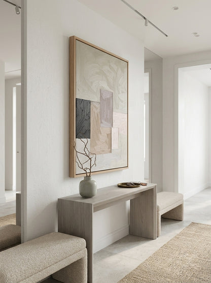 Modern interior with a console table, framed Beige and Black Minimalist Geometric Art Handmade from Noho Art Gallery and benches.