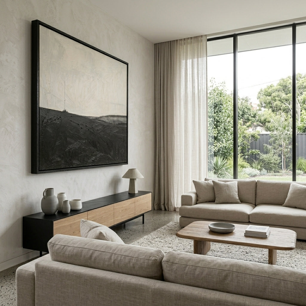 Modern black and white landscape oil painting for contemporary interiors by Noho Art Gallery in a neutral beige tones living room decor
