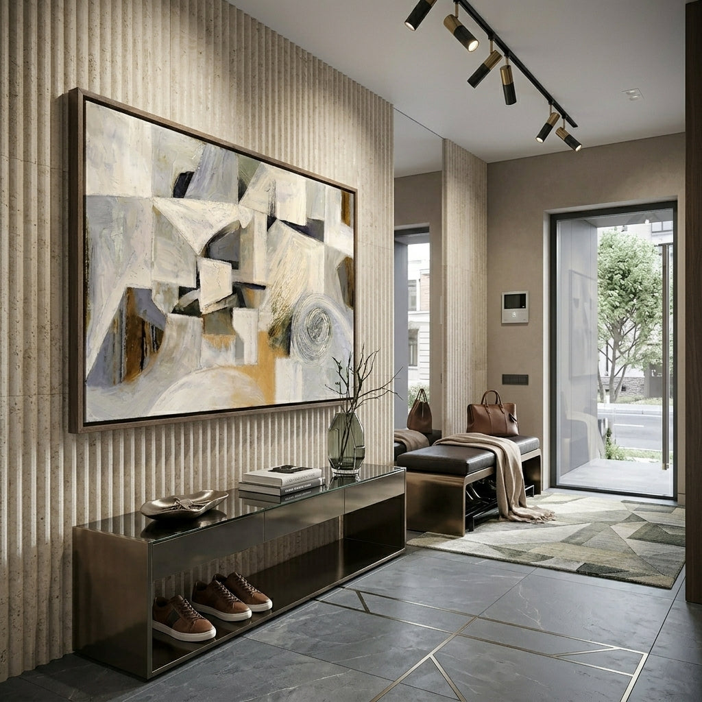 Modern living room with Large Neutral Abstract Wall Art Painting, Modern contemporary wall decor by Noho Art Gallery, console table, and shoes.
