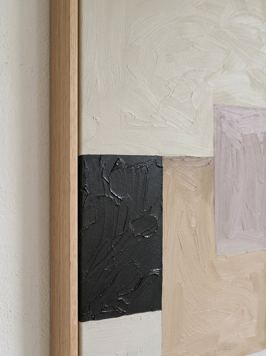 Close-up of a textured Framed Original Abstract Geometric Painting with Oak Frame by Noho Art Gallery with different color swatches