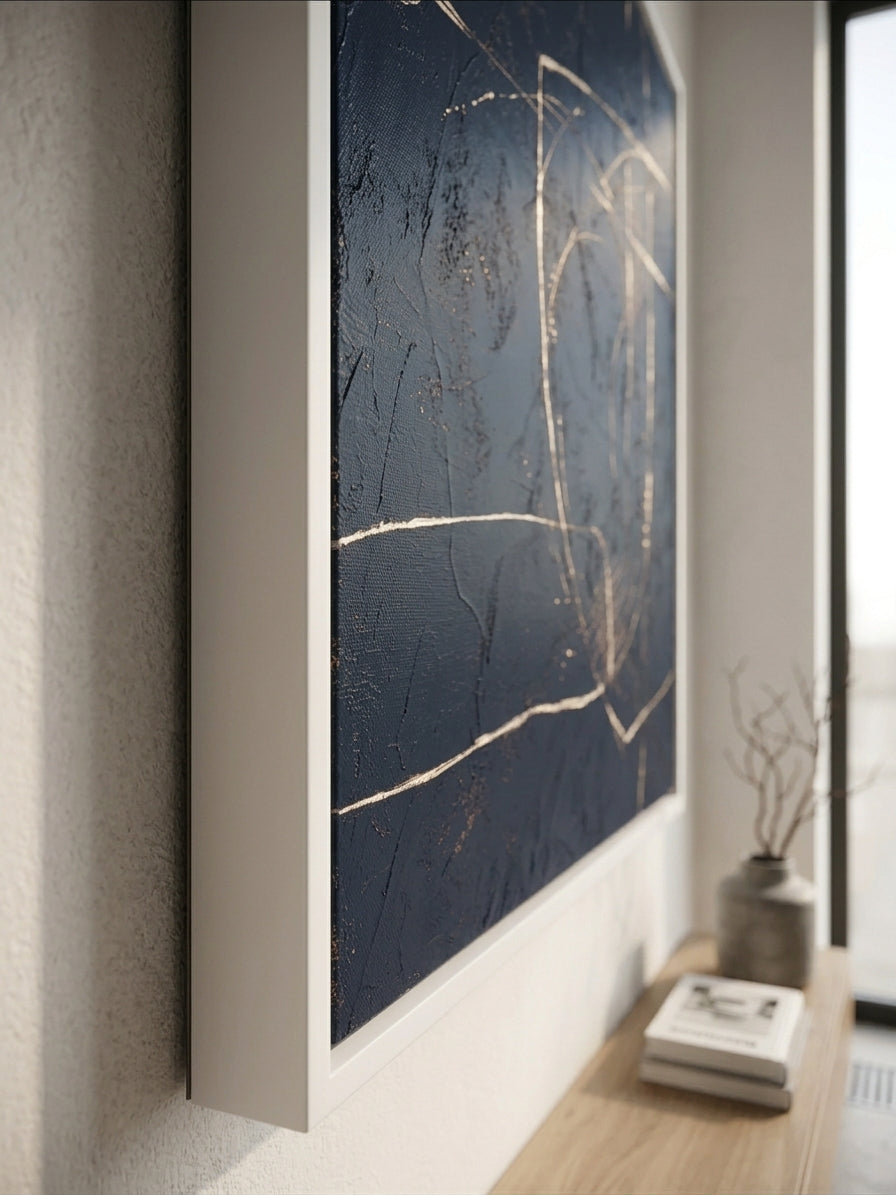 Framed Hand-painted minimalist abstract canvas art exclusively at Noho Art Gallery, photo shows a close-up of he painting hanging on a white wall of the living room. 
