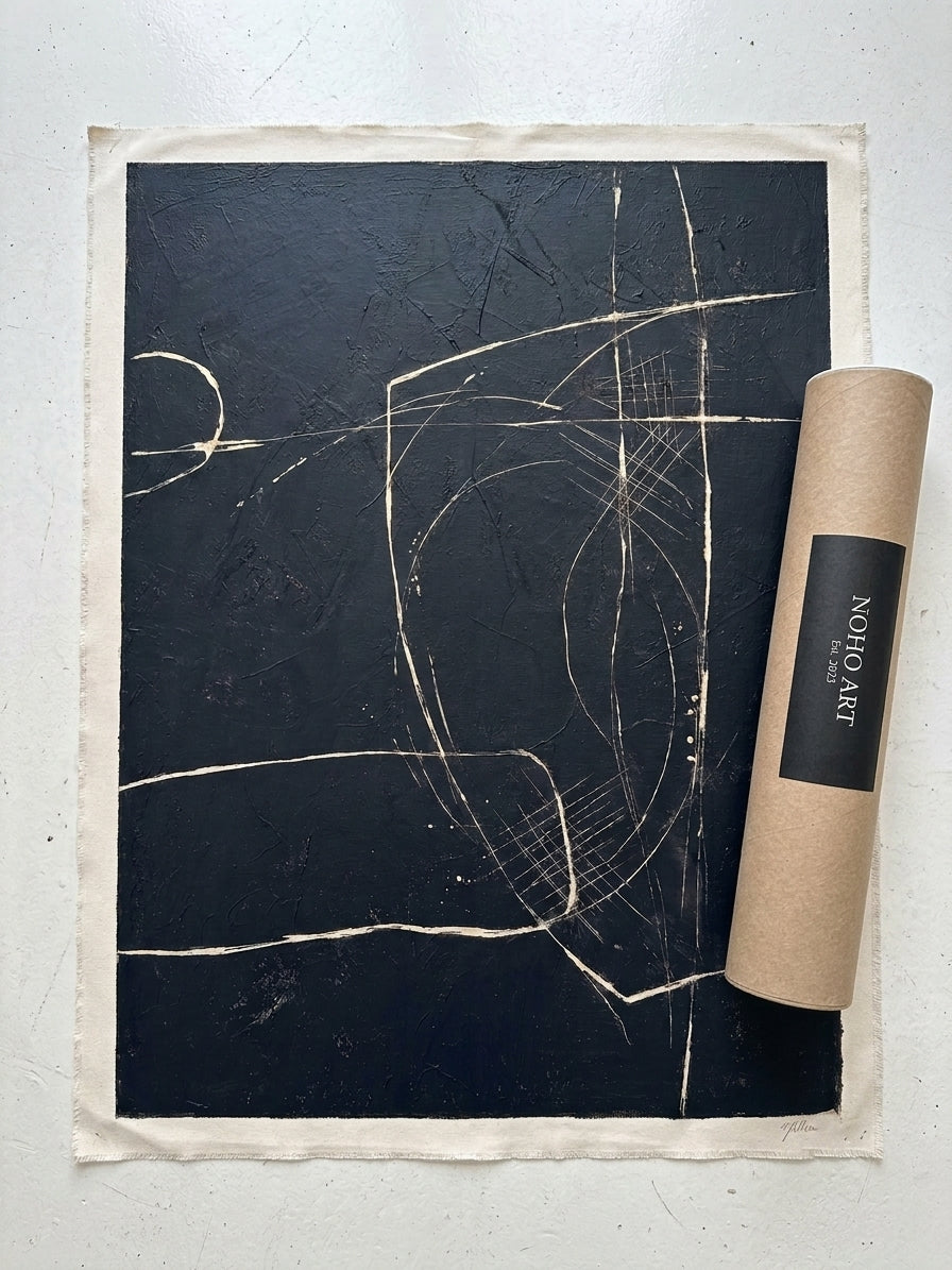 Noho Art Gallery premium original black and white abstract painting on canvas, photo shows painting on high-quality canvas material with the cardboard tube on the side ready to be shipped.