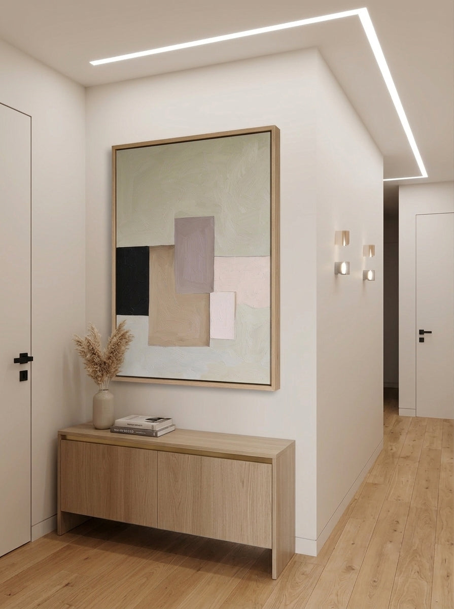 Modern interior with a large framed Earth Tone Minimalist Geometric Wall Art Original from  Noho Art Gallery on a wall above a wooden cabinet, Entryway walld decor.