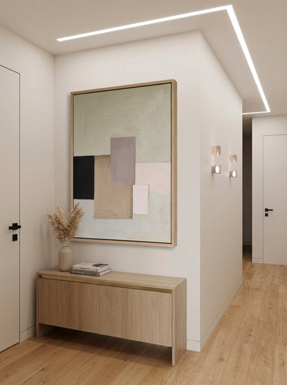 Modern interior with a large framed Earth Tone Minimalist Geometric Wall Art Original from  Noho Art Gallery on a wall above a wooden cabinet, Entryway walld decor.