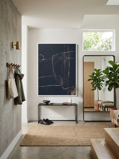 Noho Art Gallery original black and white abstract painting on canvas interior view on a entryway wall decor 