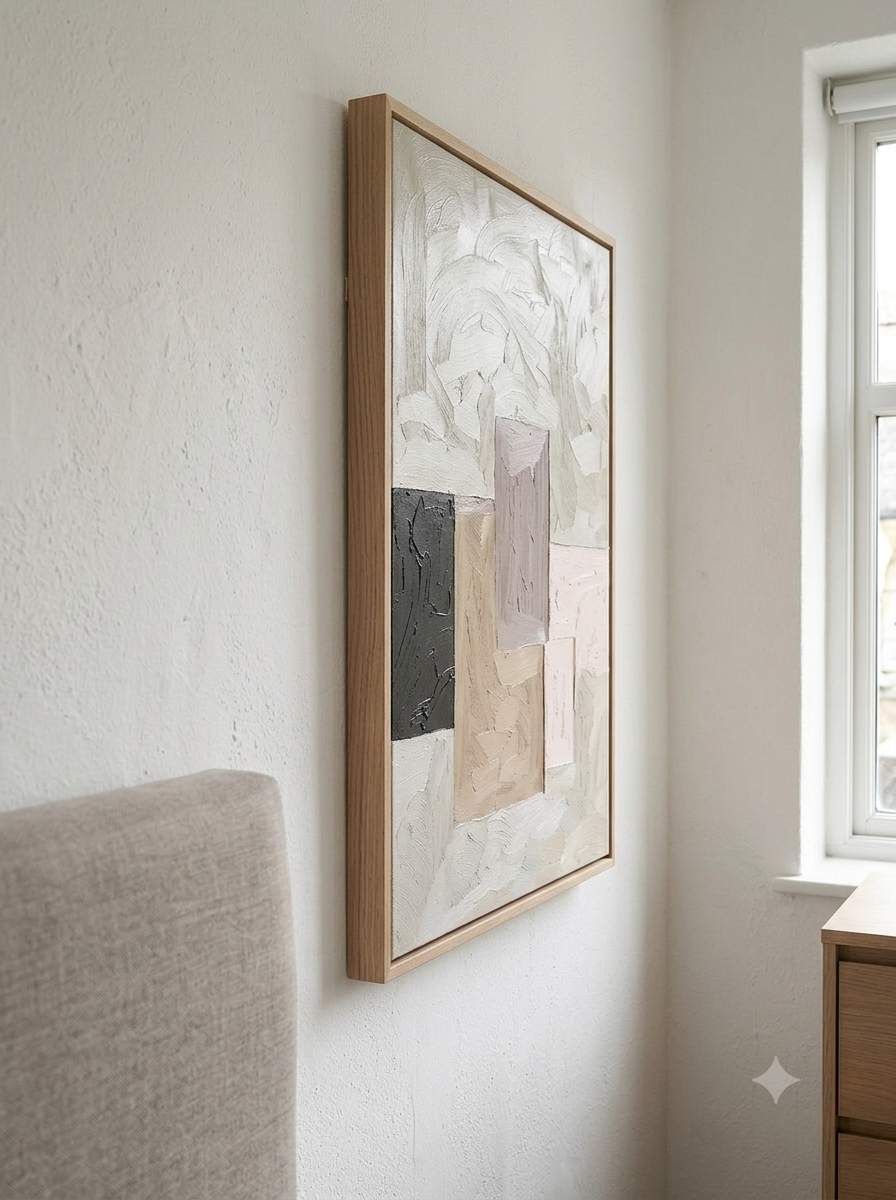 framed Minimalist Color Block Painting in Neutral Tones from Noho Art Gallery in a wooden frame on a white wall.