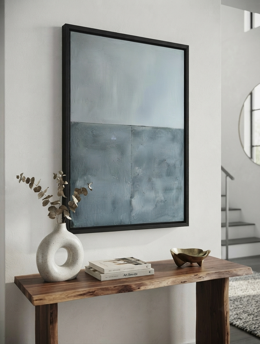 Framed Neutral blue gray textured wall art for Scandinavian and contemporary interiors by Noho Art Gallery with a black frame hangs on a white wall above a rustic wooden console table. The artwork features a textured, two-tone design in shades of slate blue and gray.