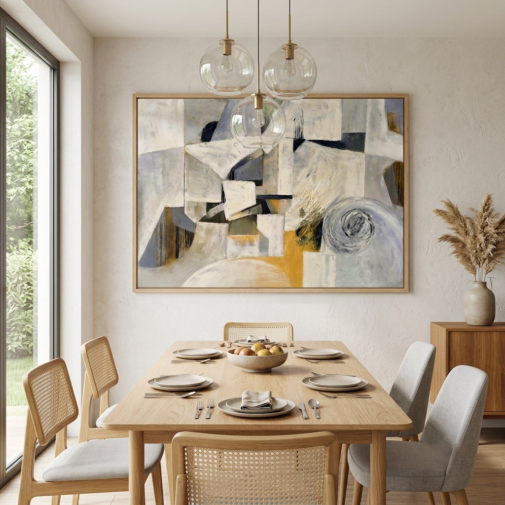 Dining room with a wooden table set for a meal, Large Neutral Abstract Wall Art Painting for living room decor by Noho Art Gallery with organic modern design on the wall, and natural light.