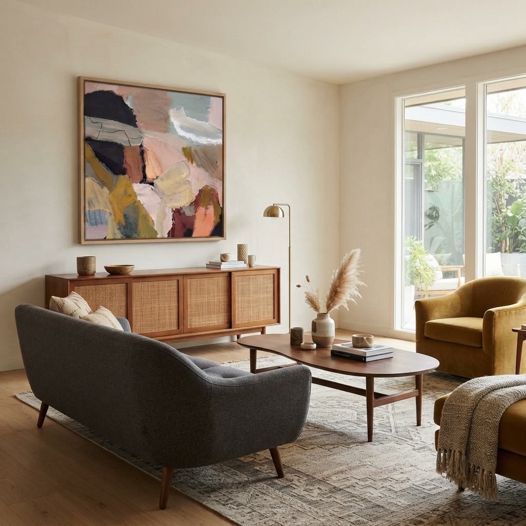 A styled living room interior featuring a original art online, original abstract oil painting, fine art abstract canvas, modern abstract canvas on the wall above a mid-century wooden credenza, with a gray sofa, wooden coffee table, yellow armchair, and large windows in the background by Noho Art Gallery