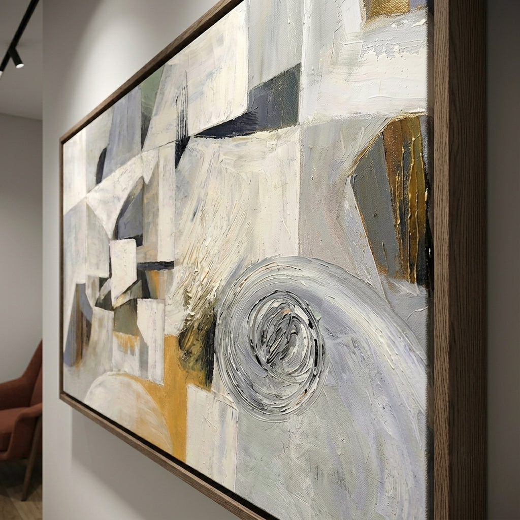 Framed abstract wall art with neutral colors and contemporary composition with geometric shapes on a wall by Noho Art Gallery